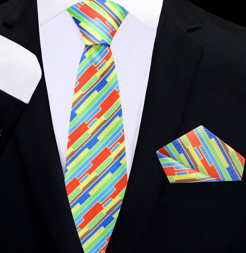thin tie Yellow, Blue, Green, Orange Abstract Stripe Tie and Pocket Square