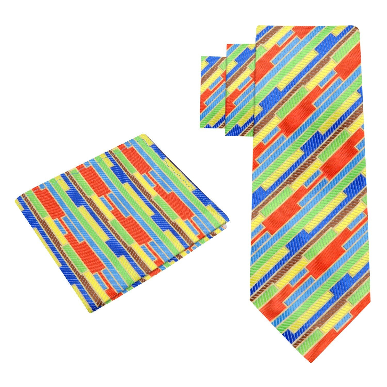 Alt View: Yellow, Blue, Green, Orange Abstract Stripe Tie and Pocket Square