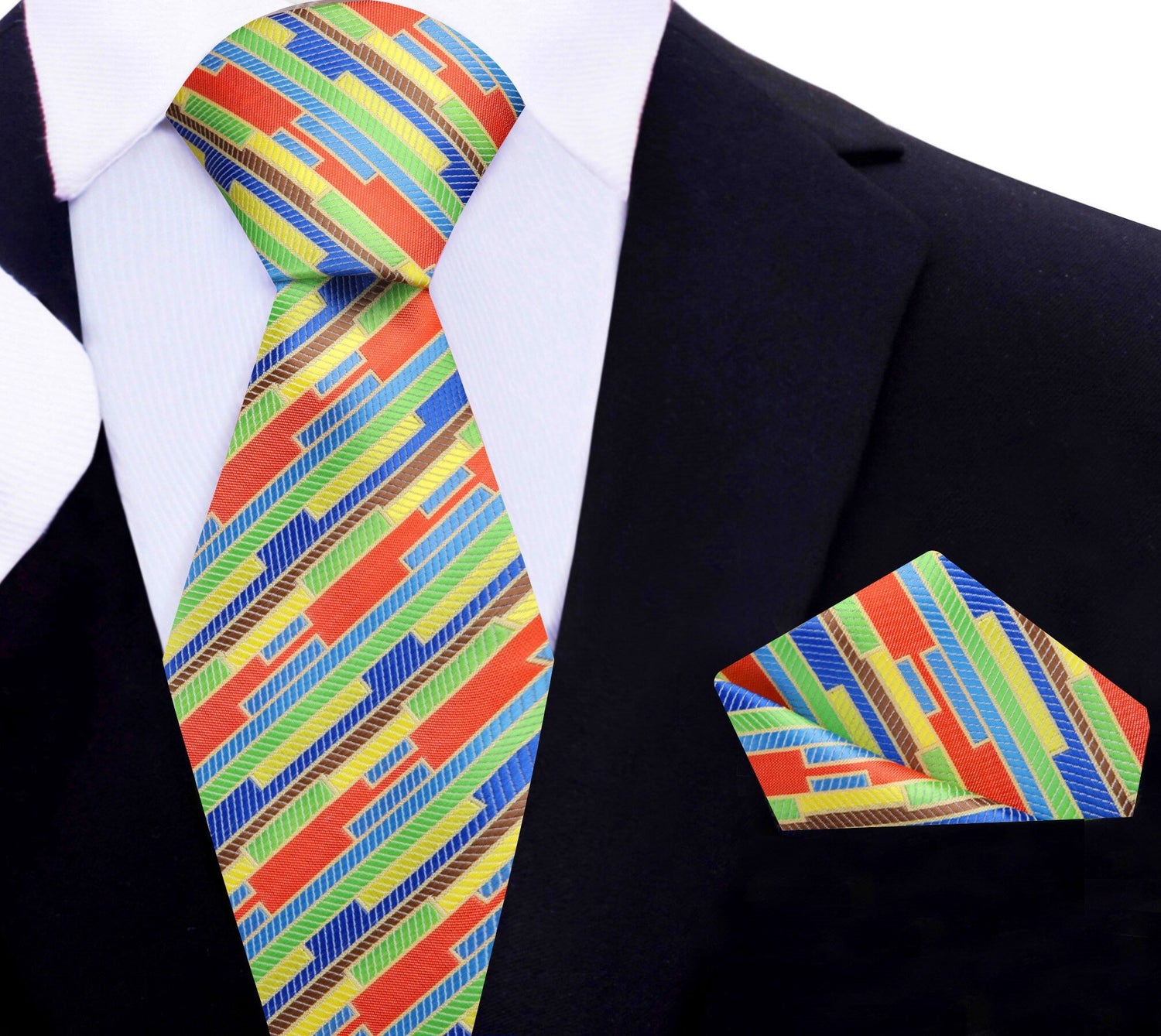Main View: Yellow, Blue, Green, Orange Abstract Stripe Tie and Pocket Square