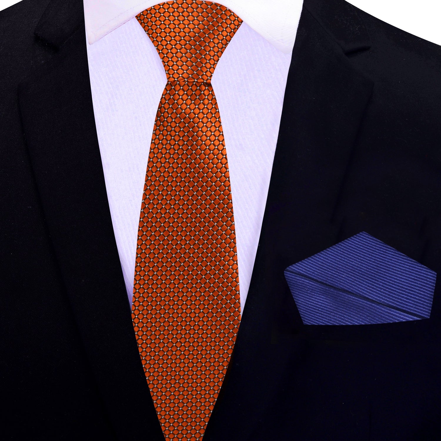 Thin Tie: Rich Copper Geometric Tie and Blue Pocket Square