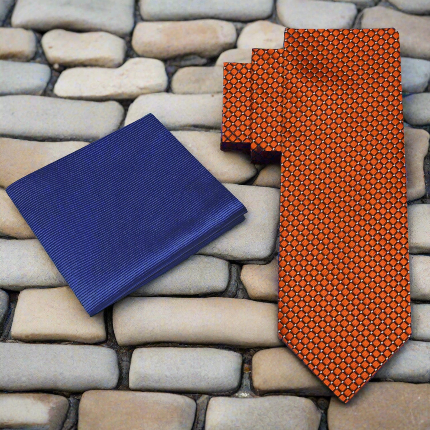 Alt View: Rich Copper Geometric Tie and Blue Pocket Square