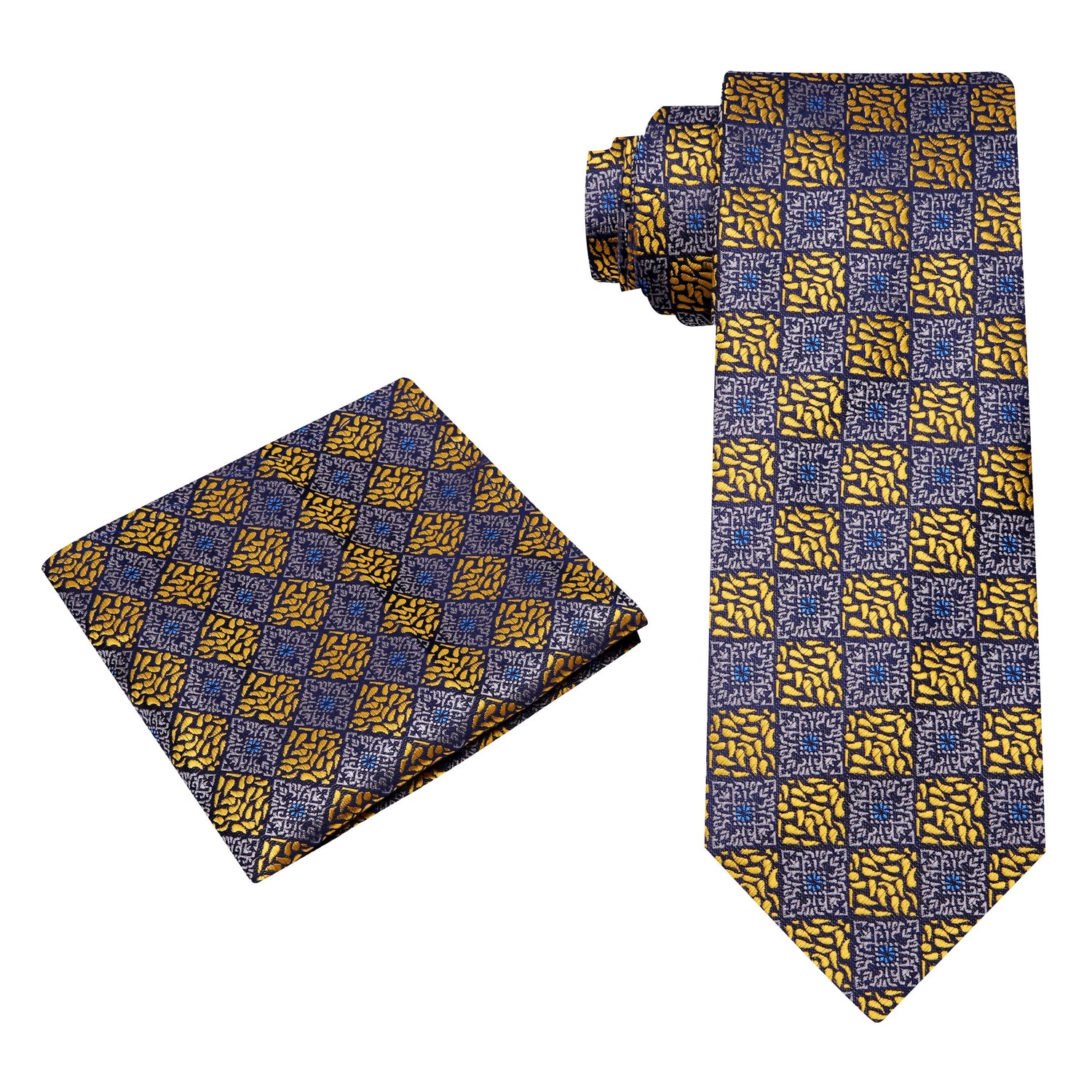 View 2; A Gold And Grey Geometric With Paisley Pattern Silk Necktie, With Matching Pocket Square