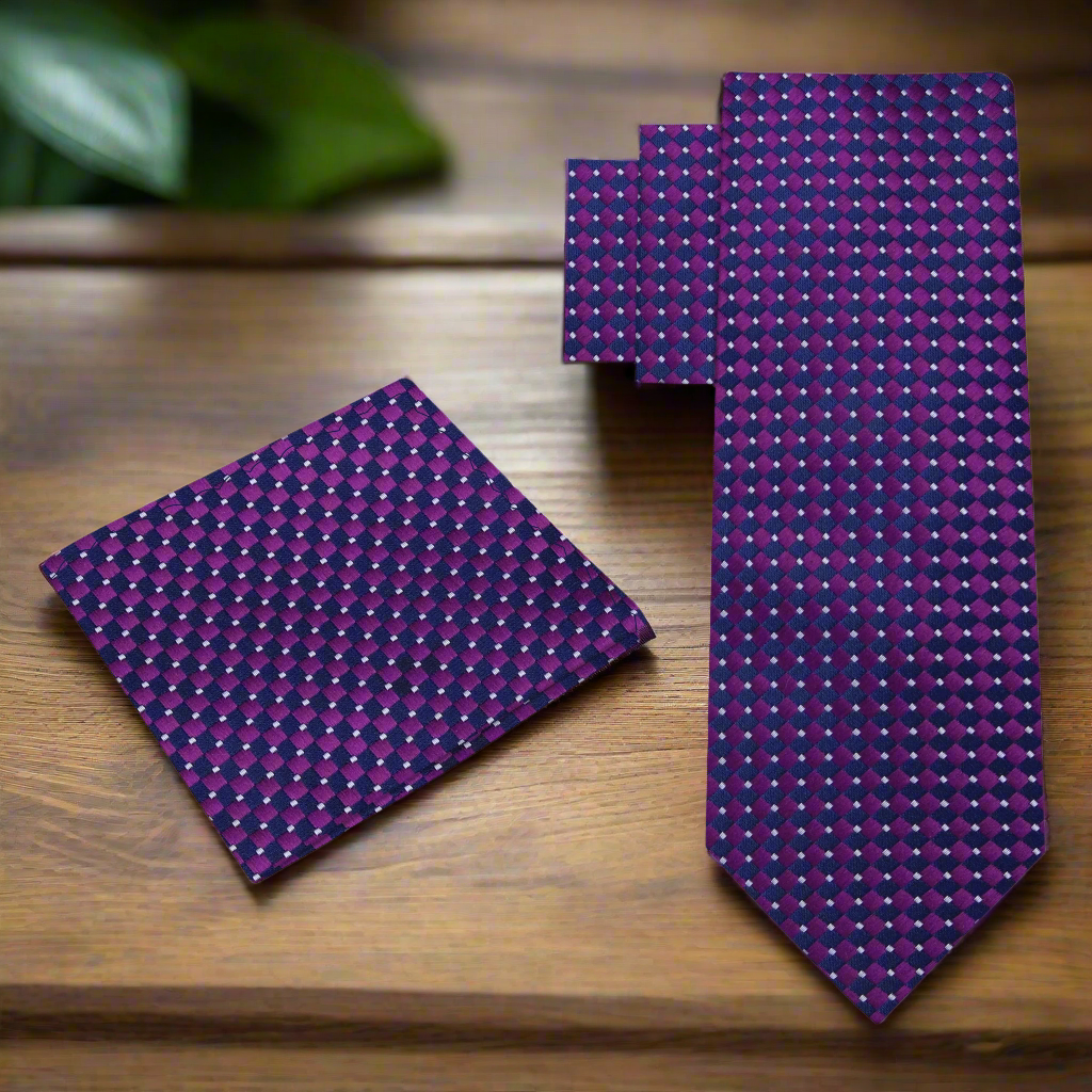 View 2: Deep Purple Diamonds Tie and Pocket Square