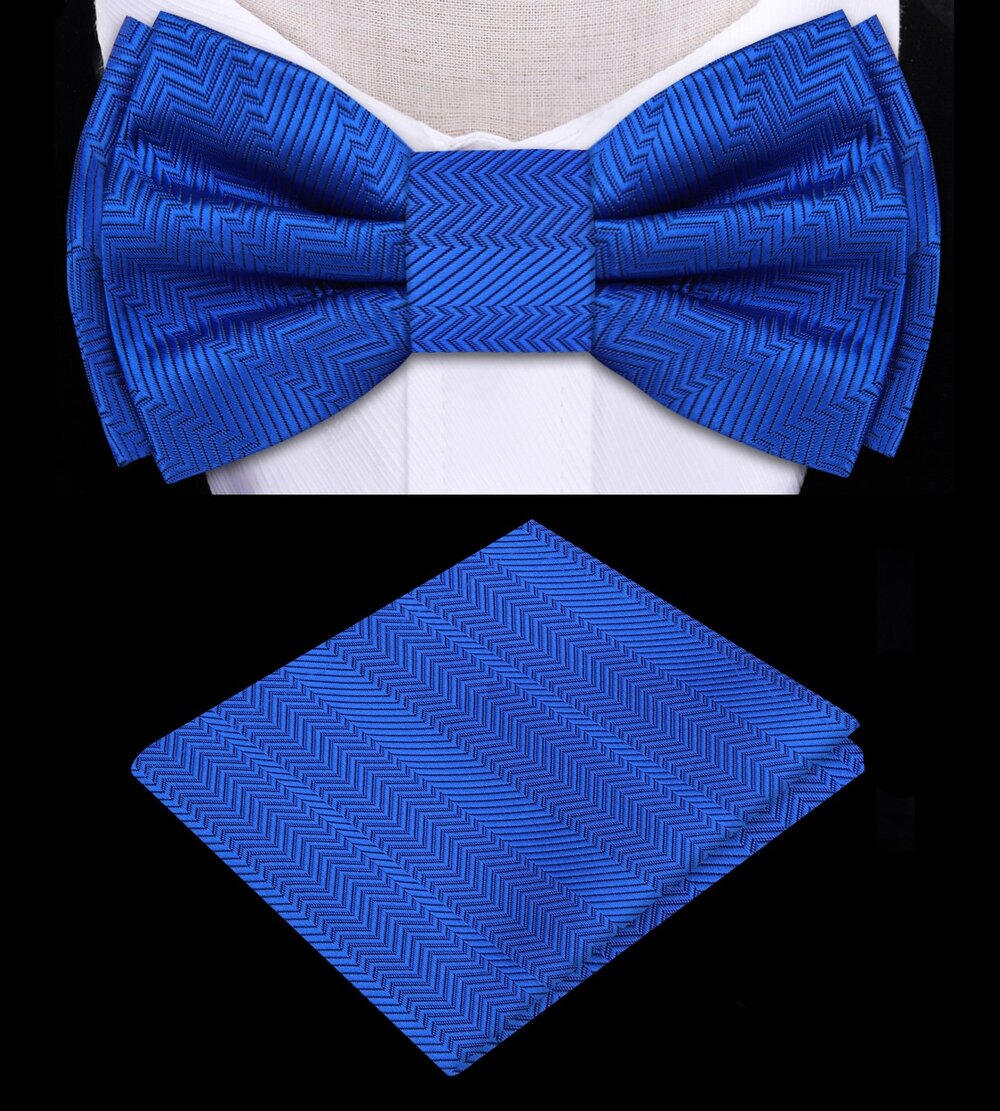 A Solid Rich Royal Blue Color with Lined Texture Pattern Silk Kids Pre-Tied Bow Tie, Matching Pocket Square