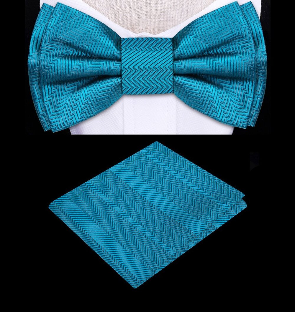 A Solid Deep Teal Color with Lined Texture Pattern Silk Kids Pre-Tied Bow Tie, Matching Pocket Square 