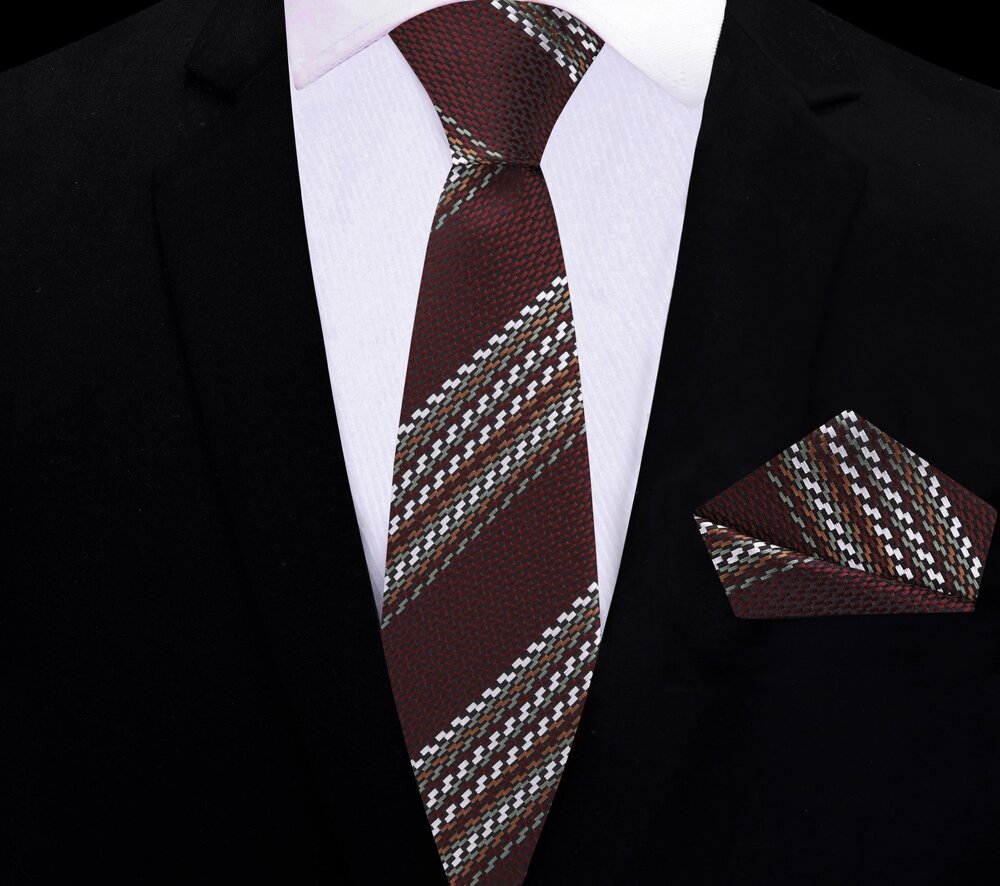 Brown, Olive Geometric Thin Tie and Pocket Square