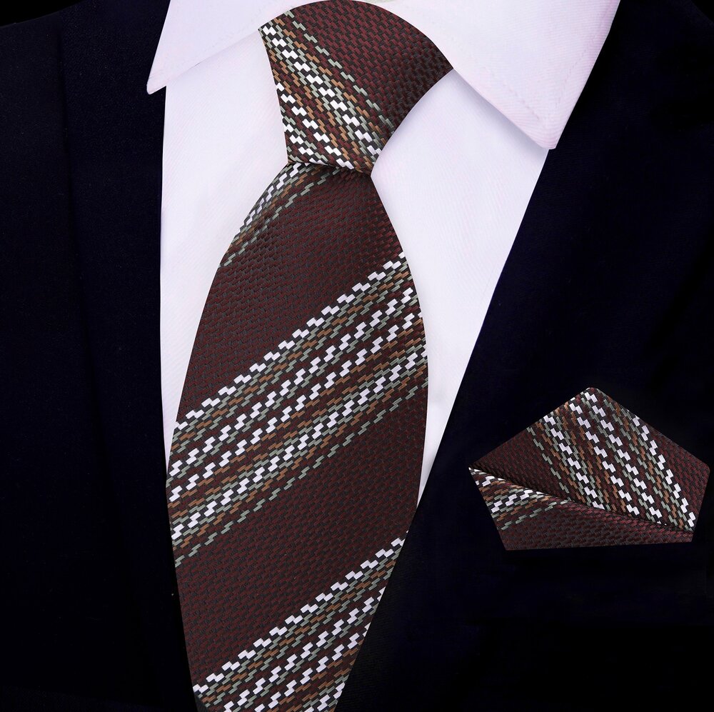 Brown, Olive Geometric Tie and Pocket Square