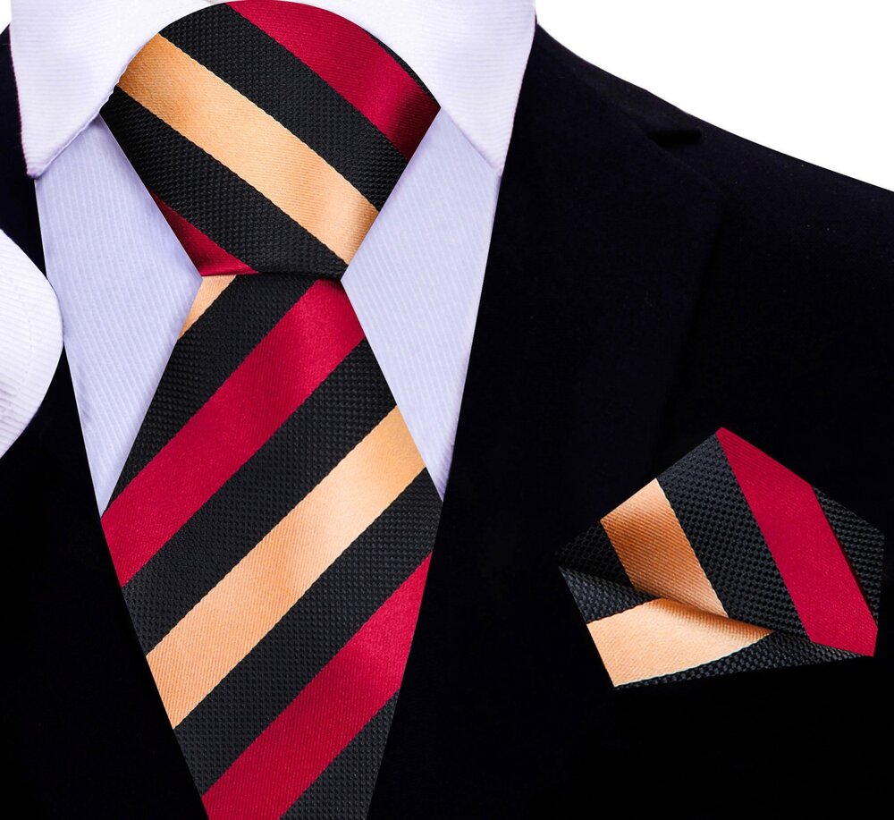 Gold, Black, Burgundy Stripe Tie and Pocket Square||Black, Gold, Deep Red