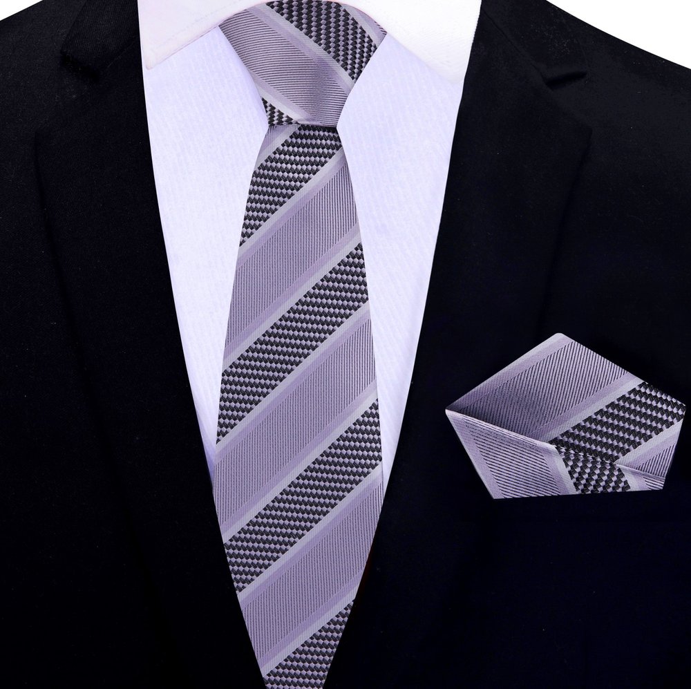 Grey, Silver Stripe Thin Tie and Pocket Square||Grey