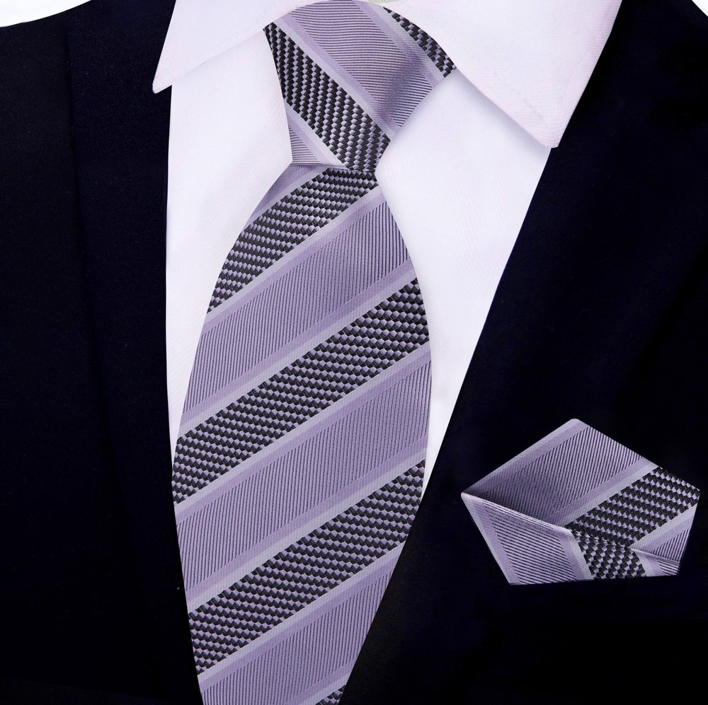 Grey, Silver Stripe Tie and Pocket Square||Grey