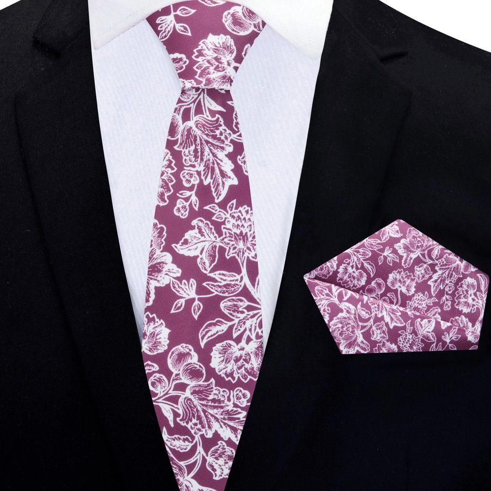 Thin Tie: Rich Lavender Filigree Tie and Pocket Square||Rich Lavender