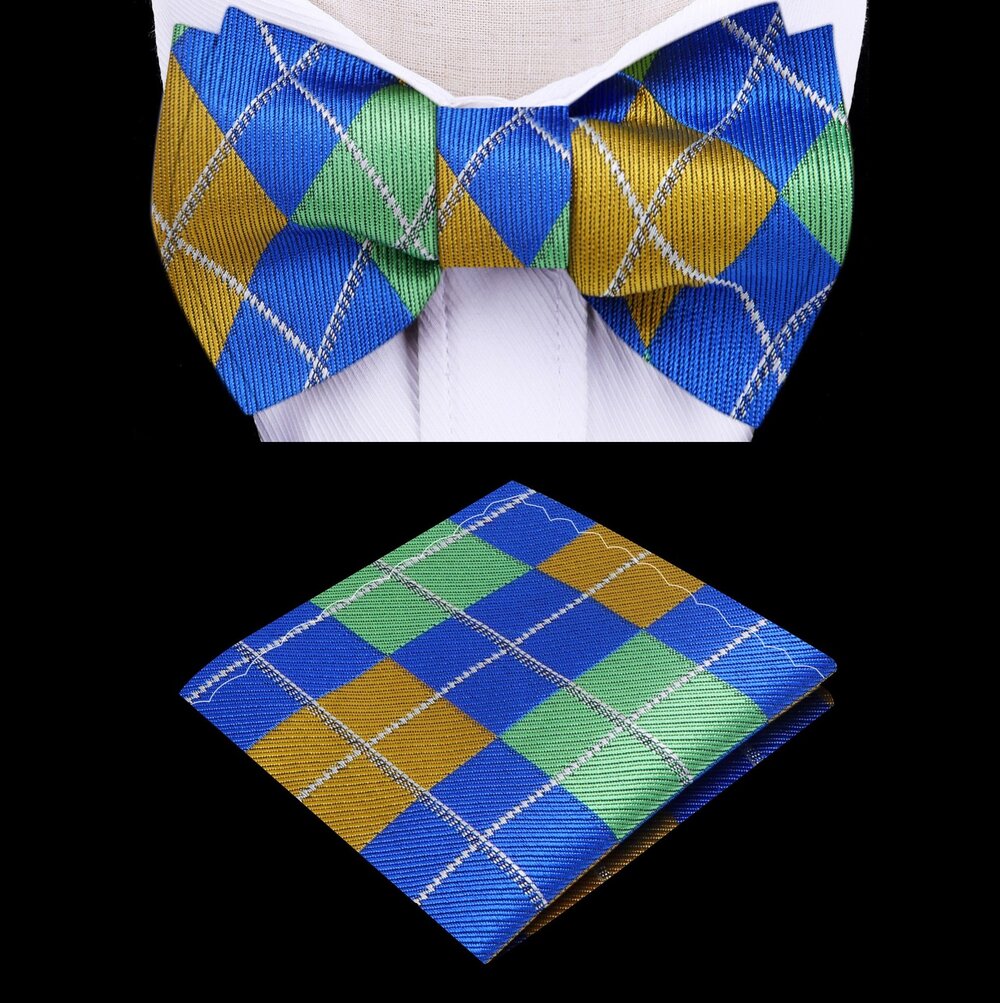 A Yellow, Blue, Green Geometric Argyle Pattern Silk Self Tie Bow Tie, Matching Pocket Square ||Blue, Yellow, Green