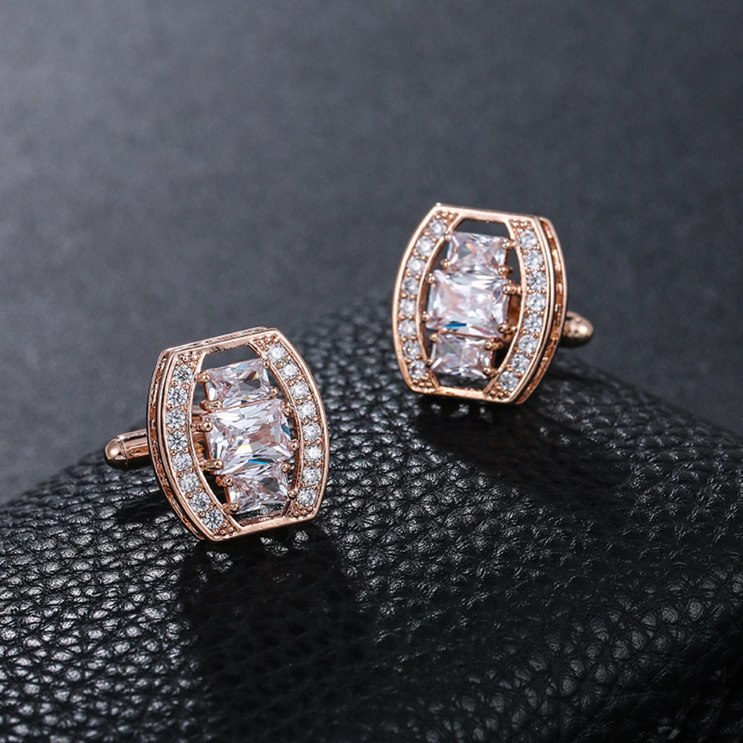 View 2: Rose Gold Clear Stone Oval Cufflinks