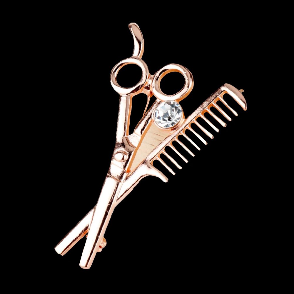 A Rose Gold Color Scissors and Comb with Stone Lapel Pin||Rose Gold