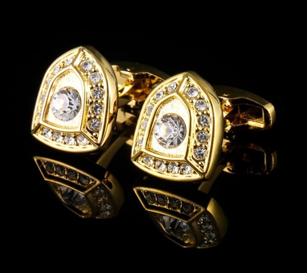 A Gold Colored Shield Clear Stone Cuff-links