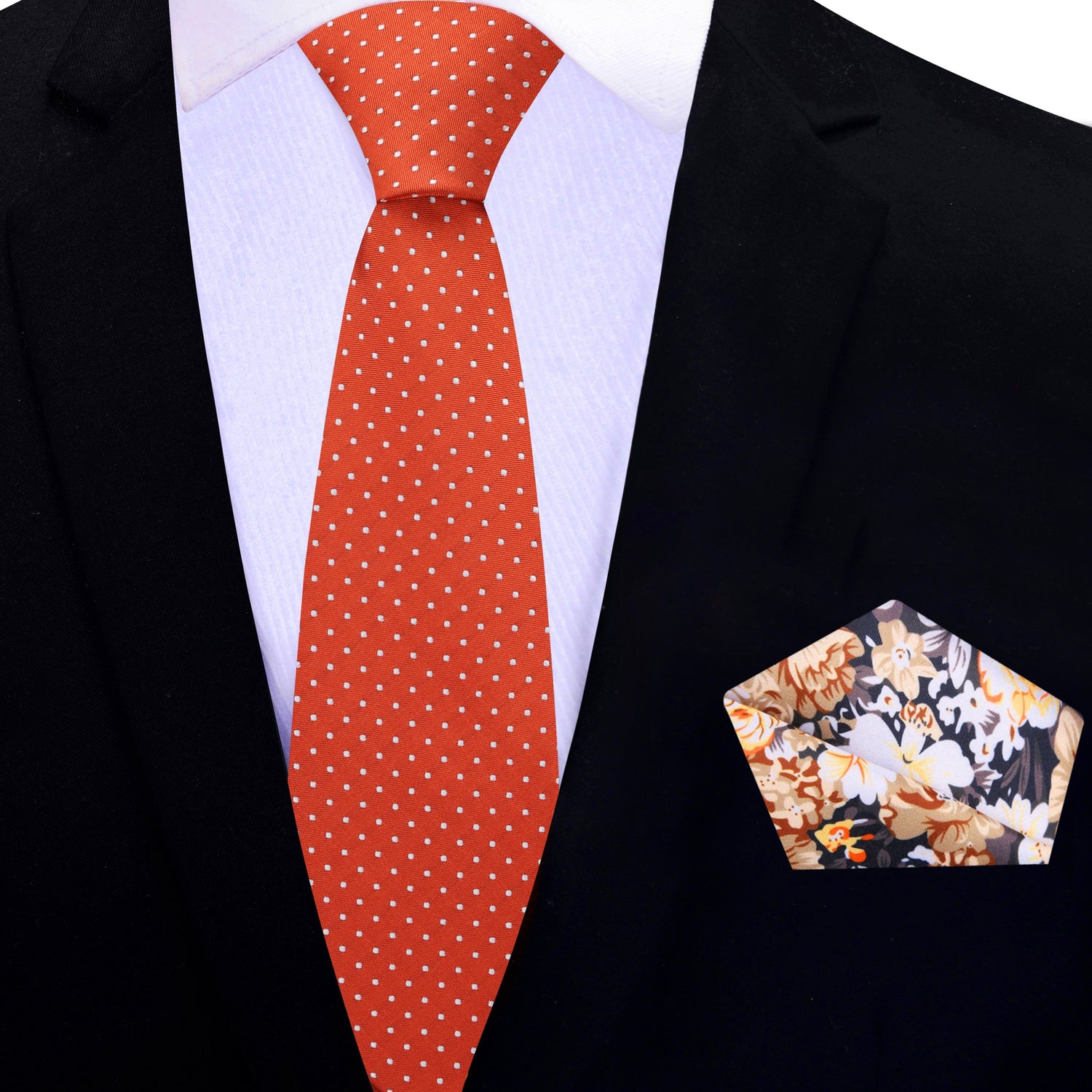 Thin 2: Orange with White Polka Necktie and Accenting Brown Floral Square