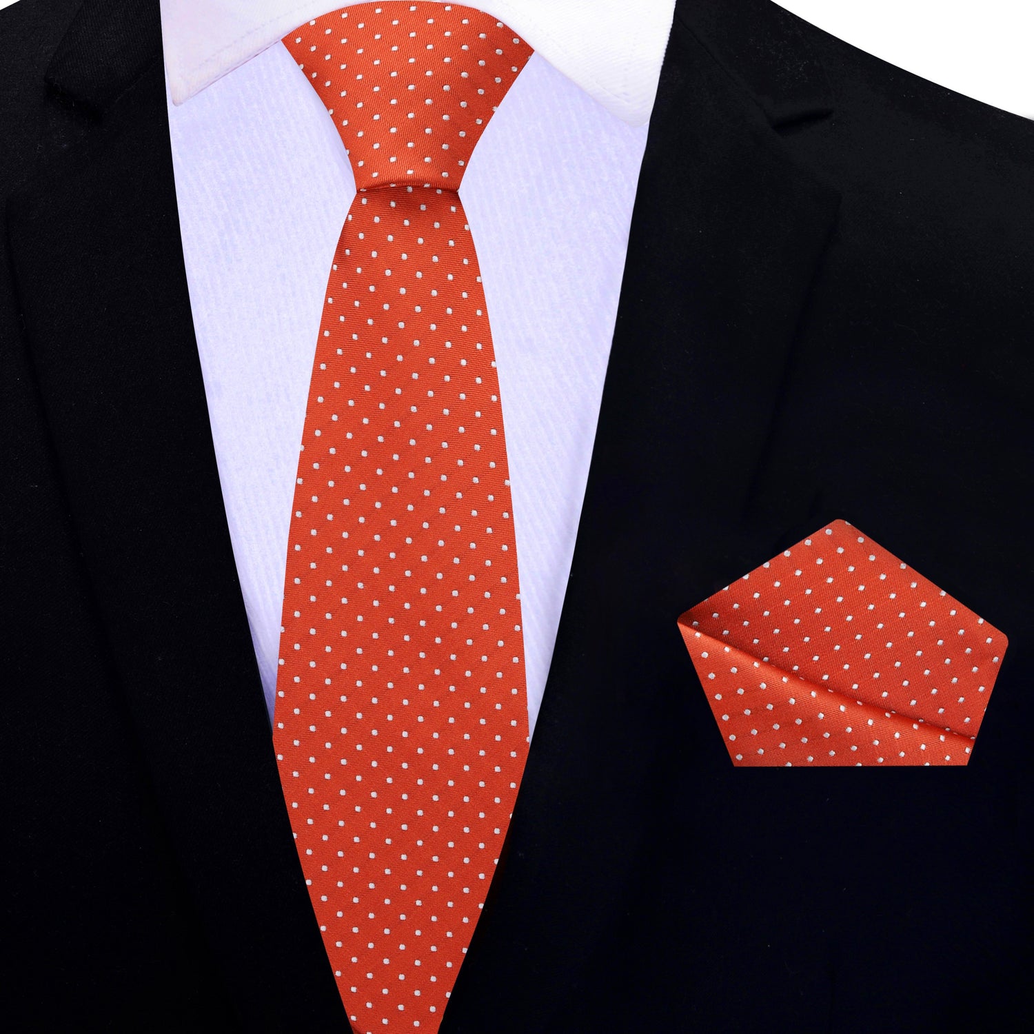 Thin Tie: Orange with White Polka Necktie and Matching Square