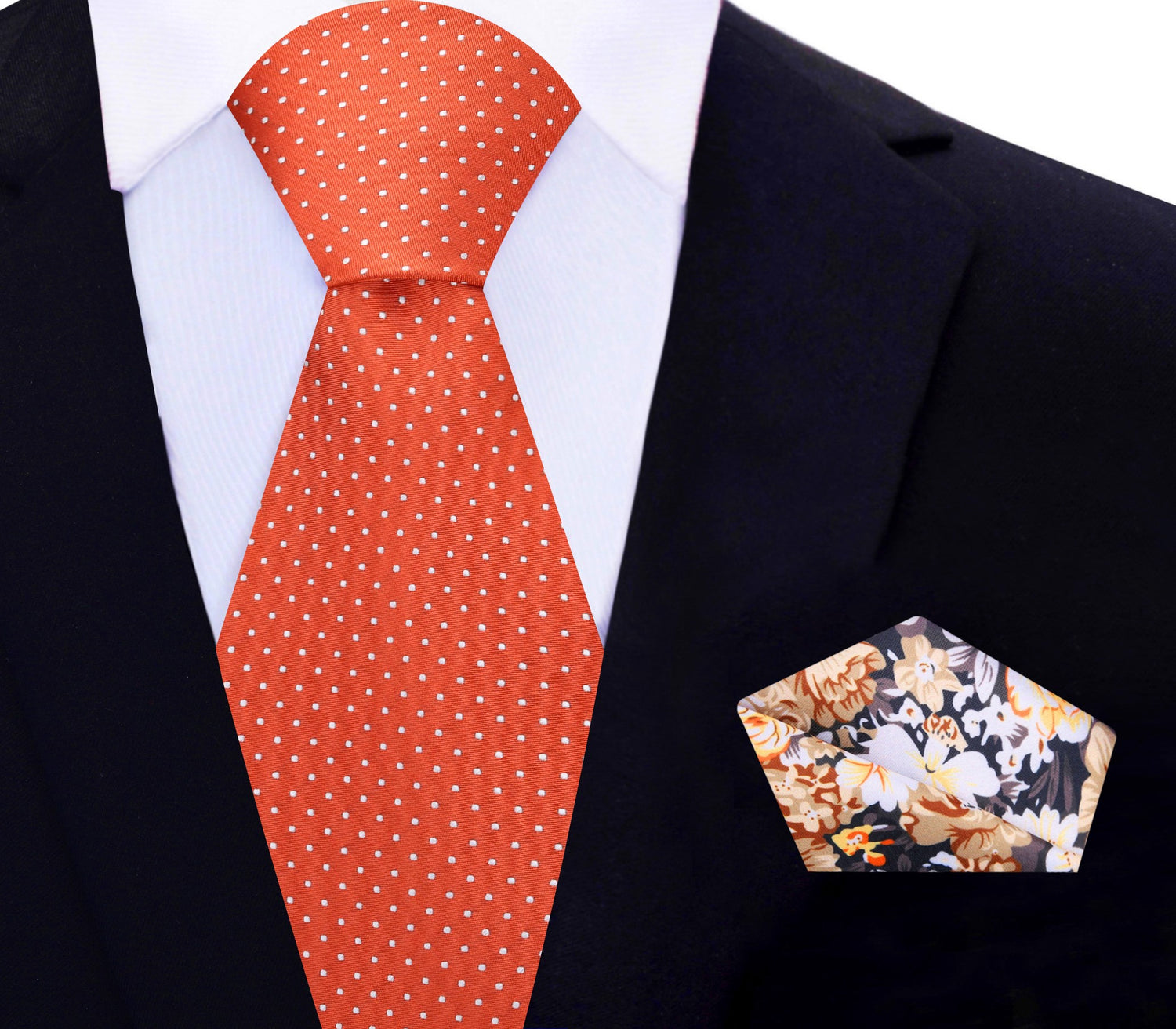 Orange with White Polka Necktie and Accenting Brown Floral Square