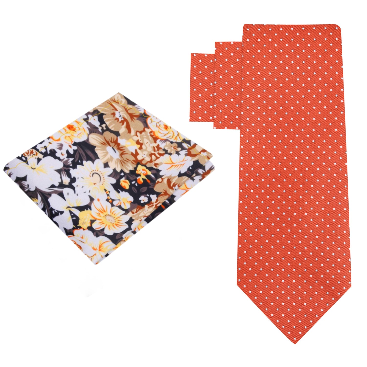 Alt View: Orange with White Polka Necktie and Accenting Brown Floral Square