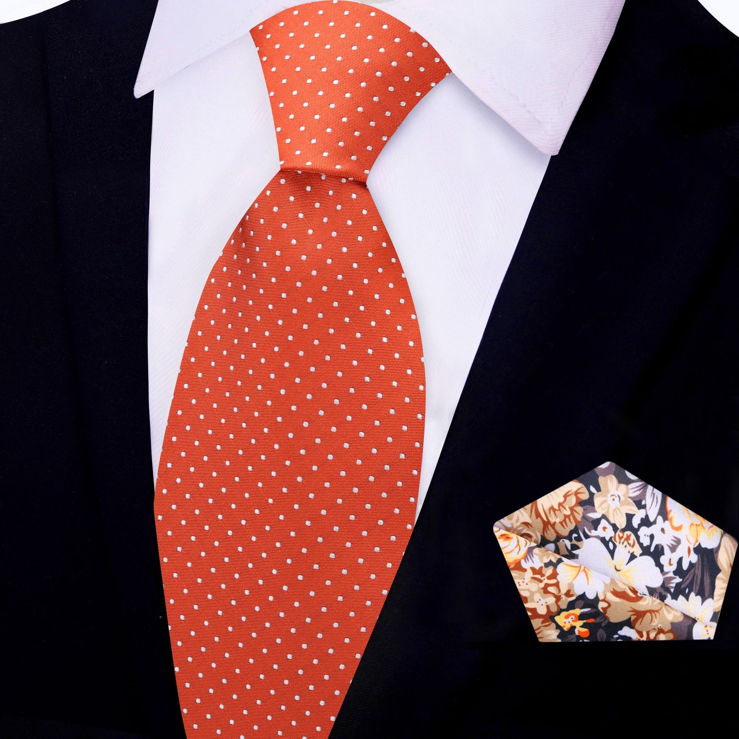 View 2 Orange with White Polka Necktie and Accenting Brown Floral Square