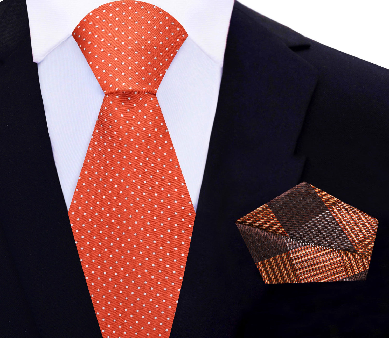 Orange with White Polka Necktie and Accenting Brown Plaid Square