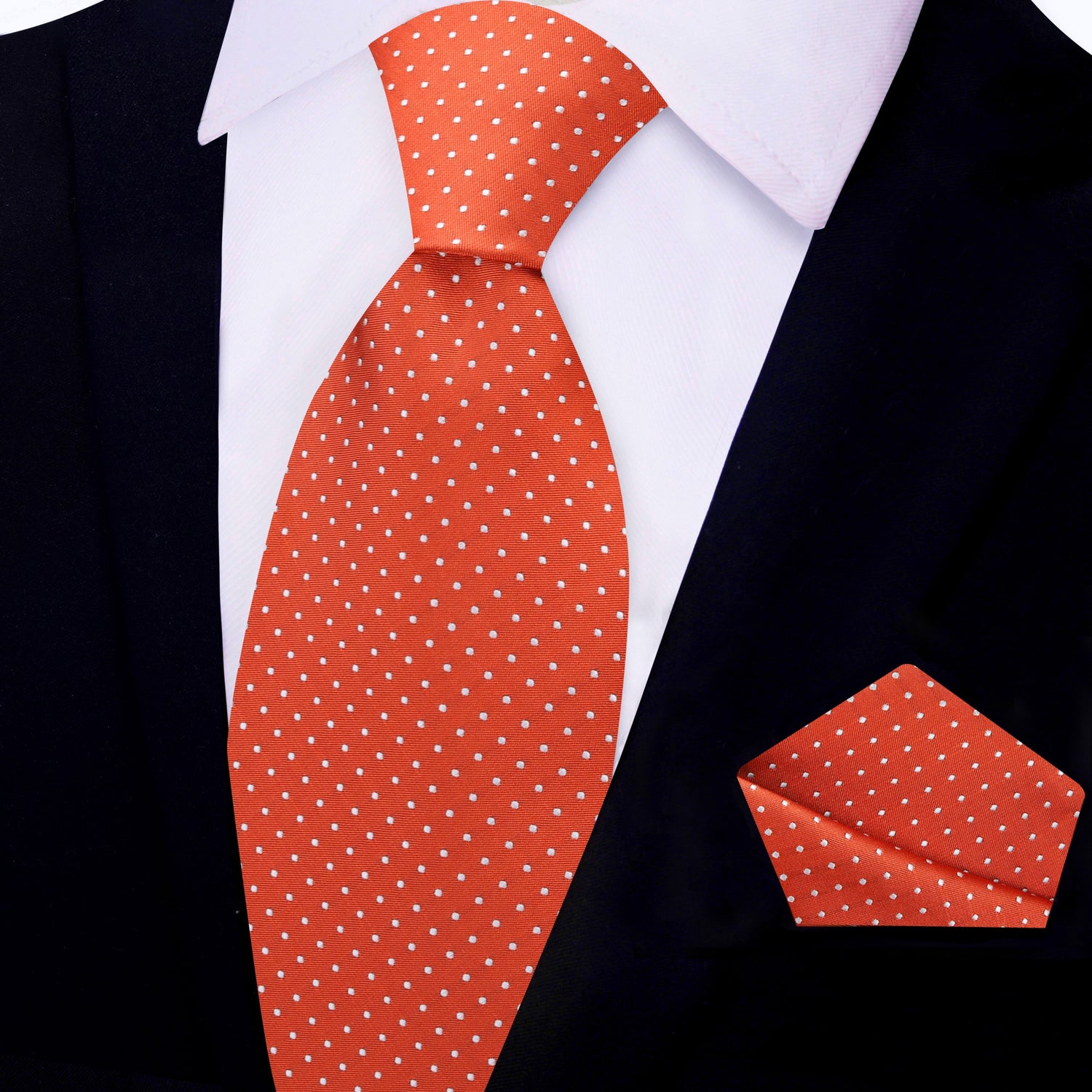 View 2 Orange with White Polka Necktie and Matching Square