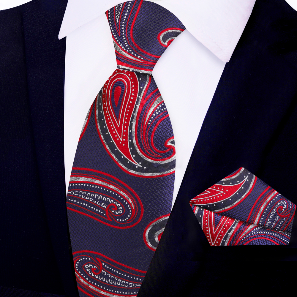 Blue, Red Paisley Tie and Square