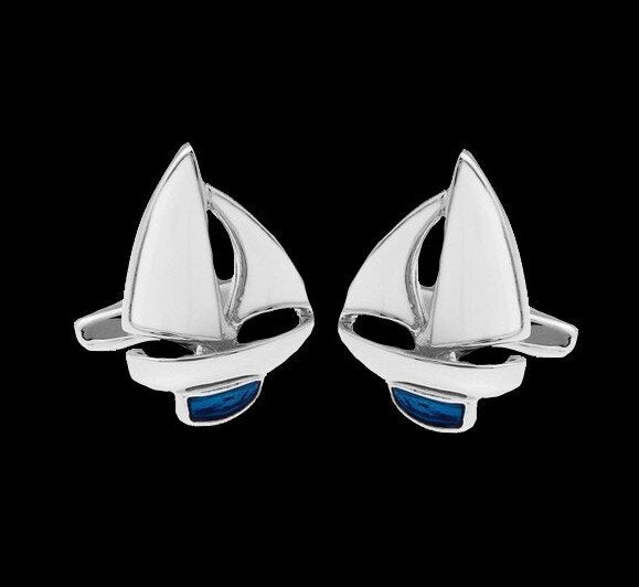 View 2 Chrome and Blue Sailboats Cuff-links