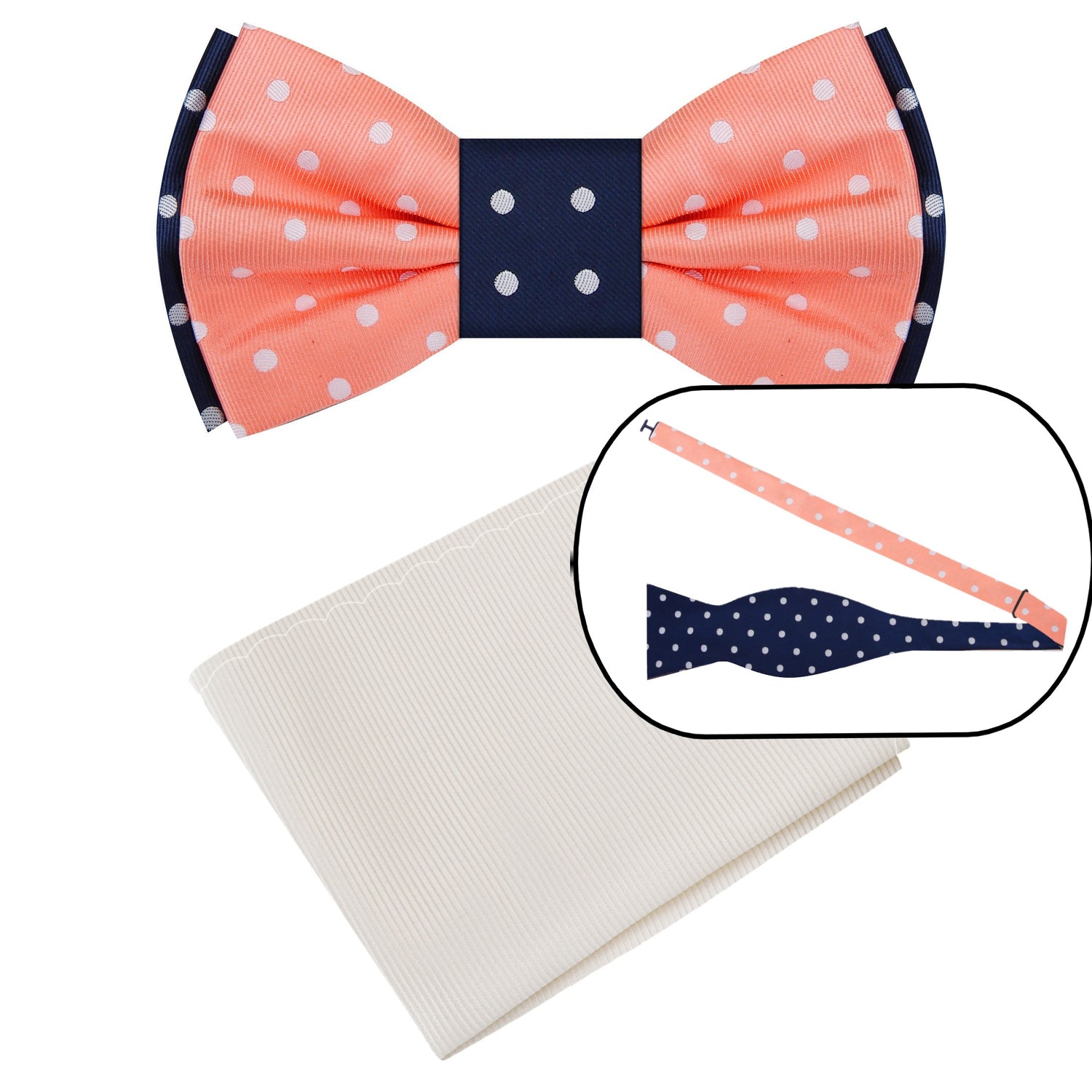 Blue, Salmon Polka Bow Tie and Off White Square
