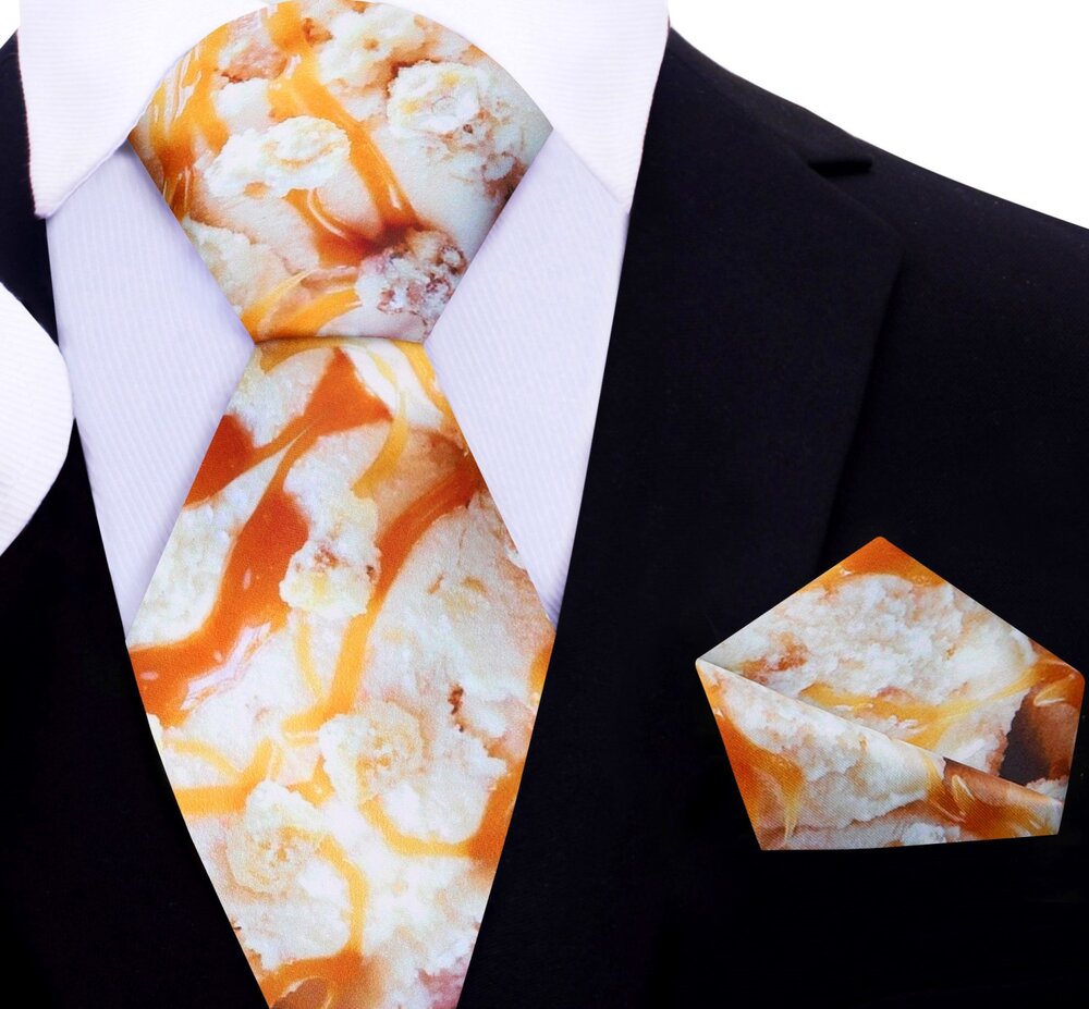 A Vanilla Ice Cream with Salted Caramel Drizzle Necktie, Matching Pocket Square