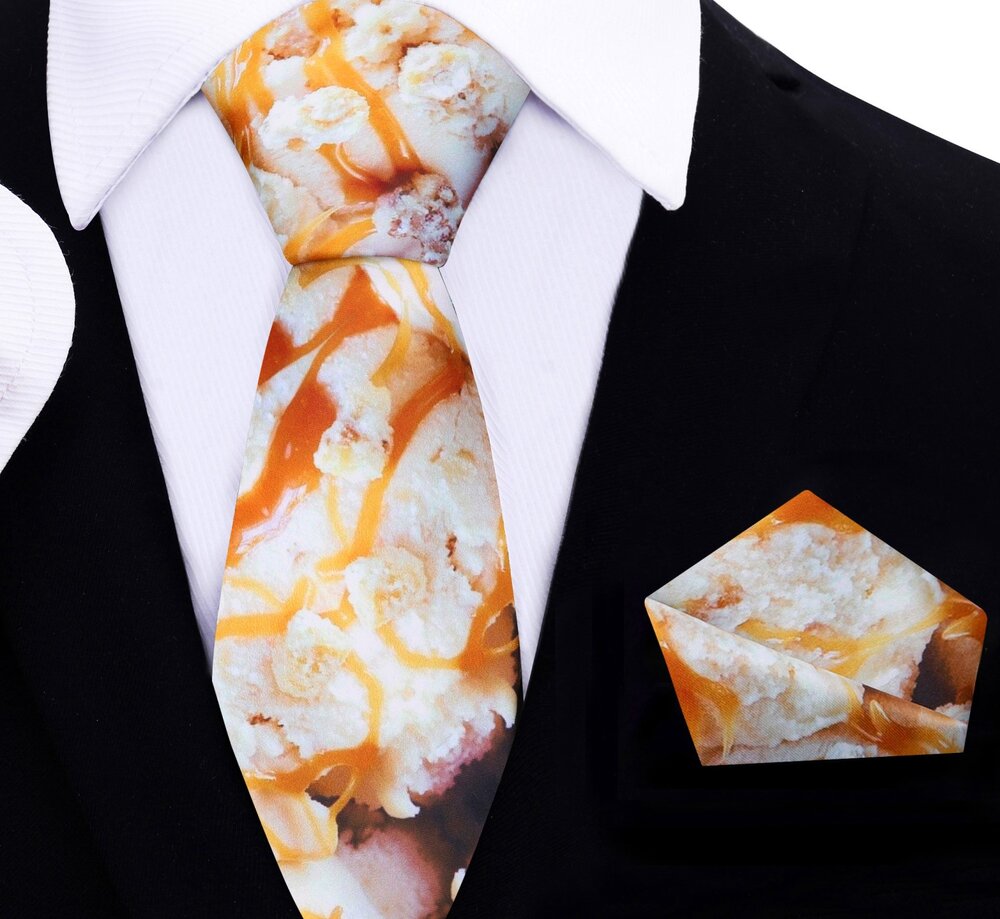 A Vanilla Ice Cream with Salted Caramel Drizzle Thin Necktie, Matching Pocket Square