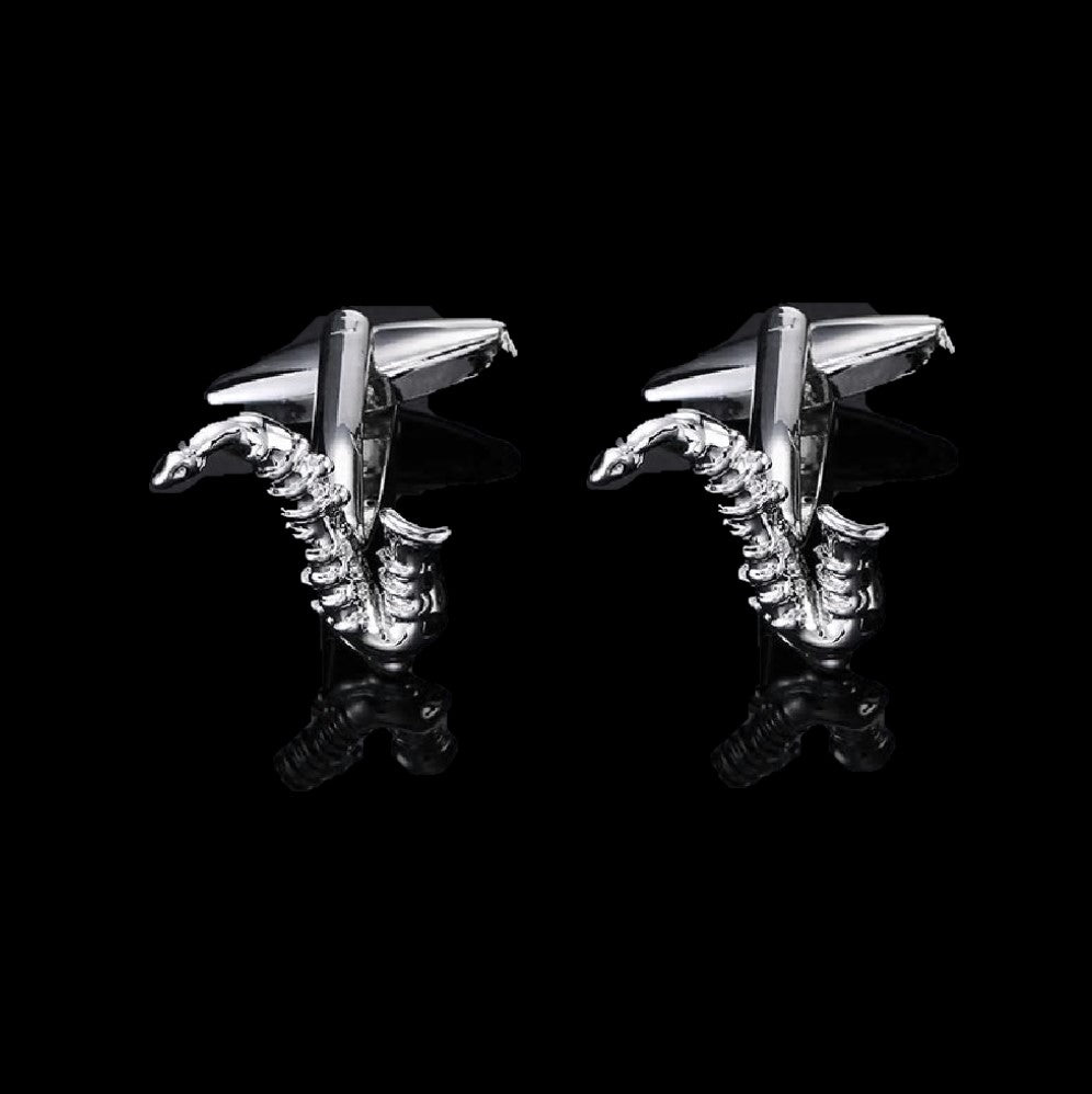 Cuff-links View: A Chrome Colored Saxophone Shaped Tie Bar and Cuff-links Set