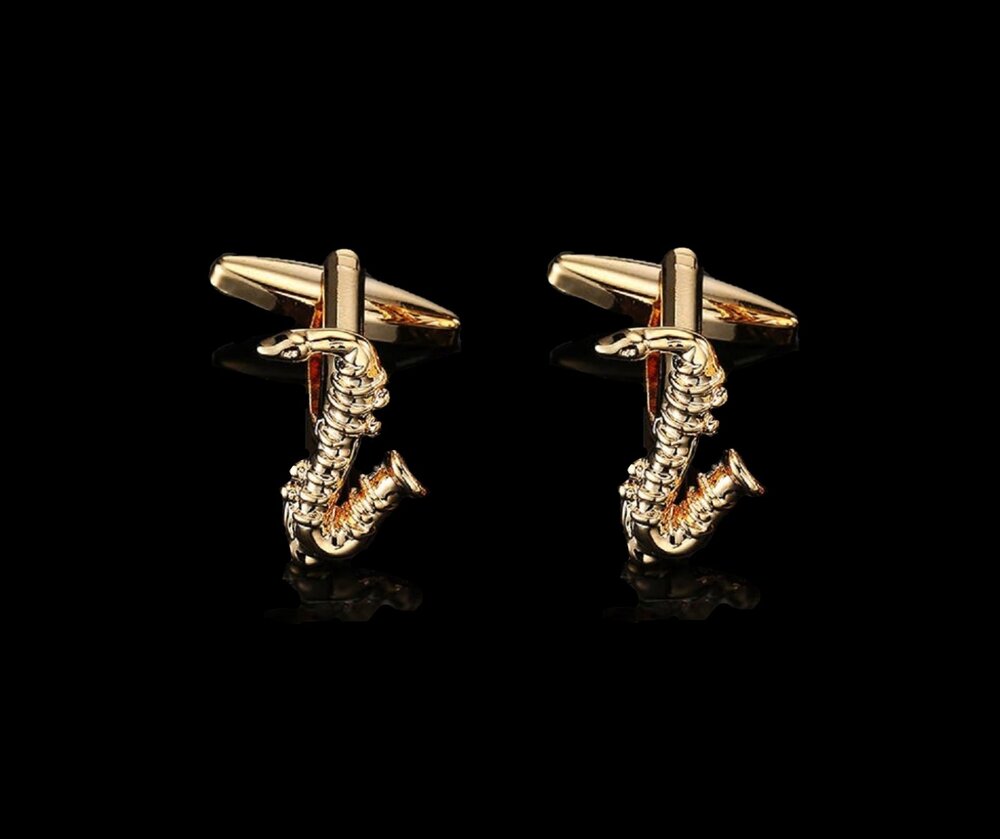 Cuff-links View: A Gold Colored Saxophone Shaped Tie Bar and Cuff-links Set