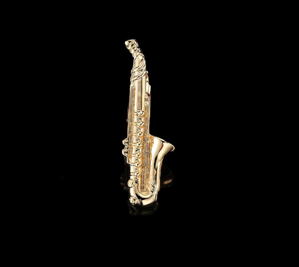 Tie Bar View: A Gold Colored Saxophone Shaped Tie Bar and Cuff-links Set