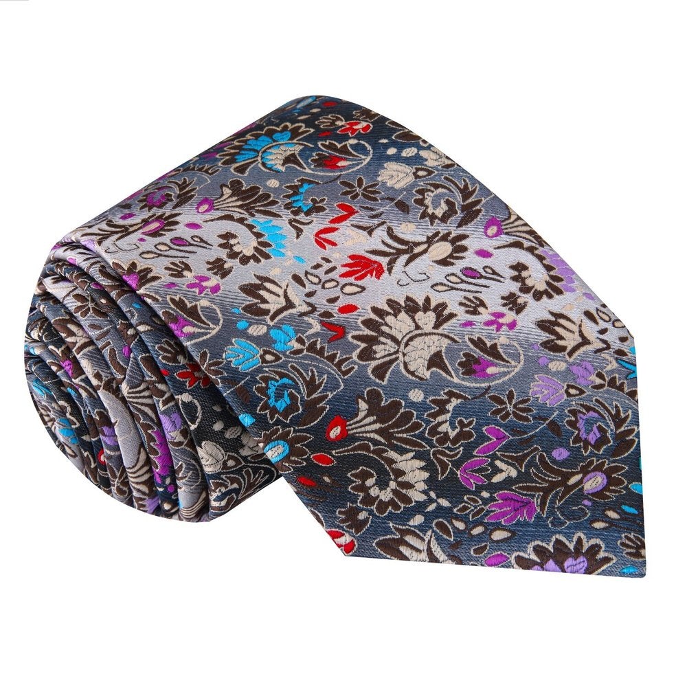 A Grey, Blue, Red Small Floral Pattern Silk Necktie 