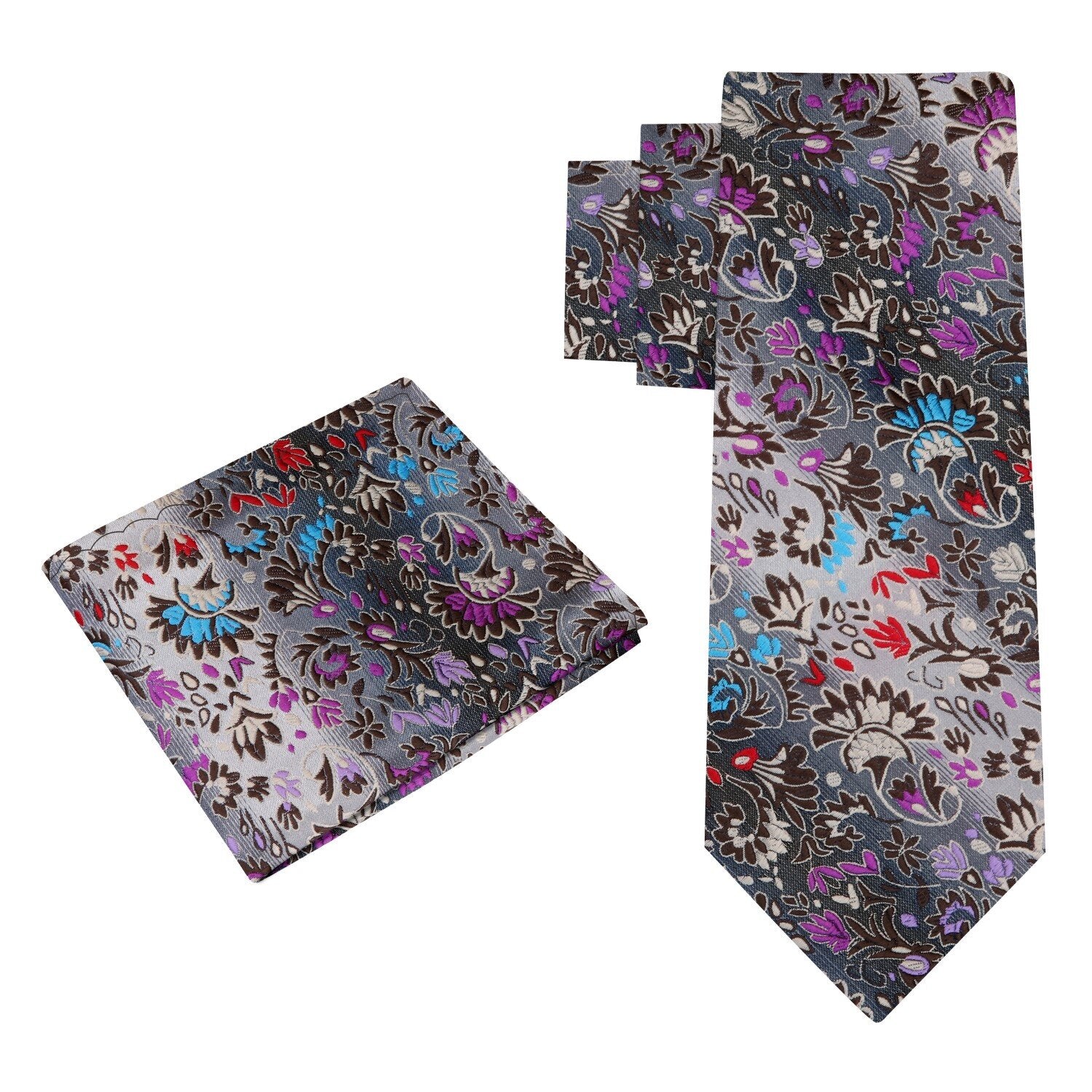 Alt View: A Grey, Blue, Red Small Floral Pattern Silk Necktie, Matching Pocket Square