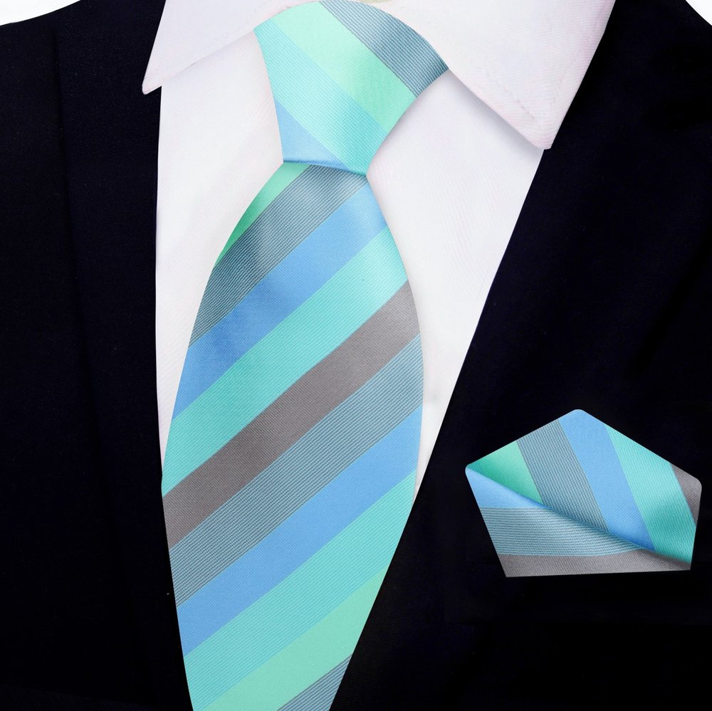 Shades of Blue and Green Stripe Tie and Square||Blue, Green