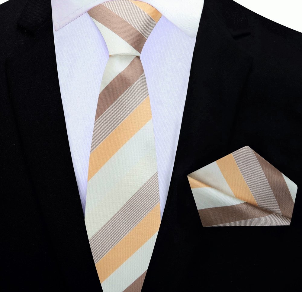 Shades of Brown Stripe Thin Tie and Pocket Square||Shades of Brown