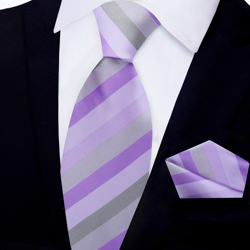 Shades of Purple and Grey Stripe Tie and pocket Square