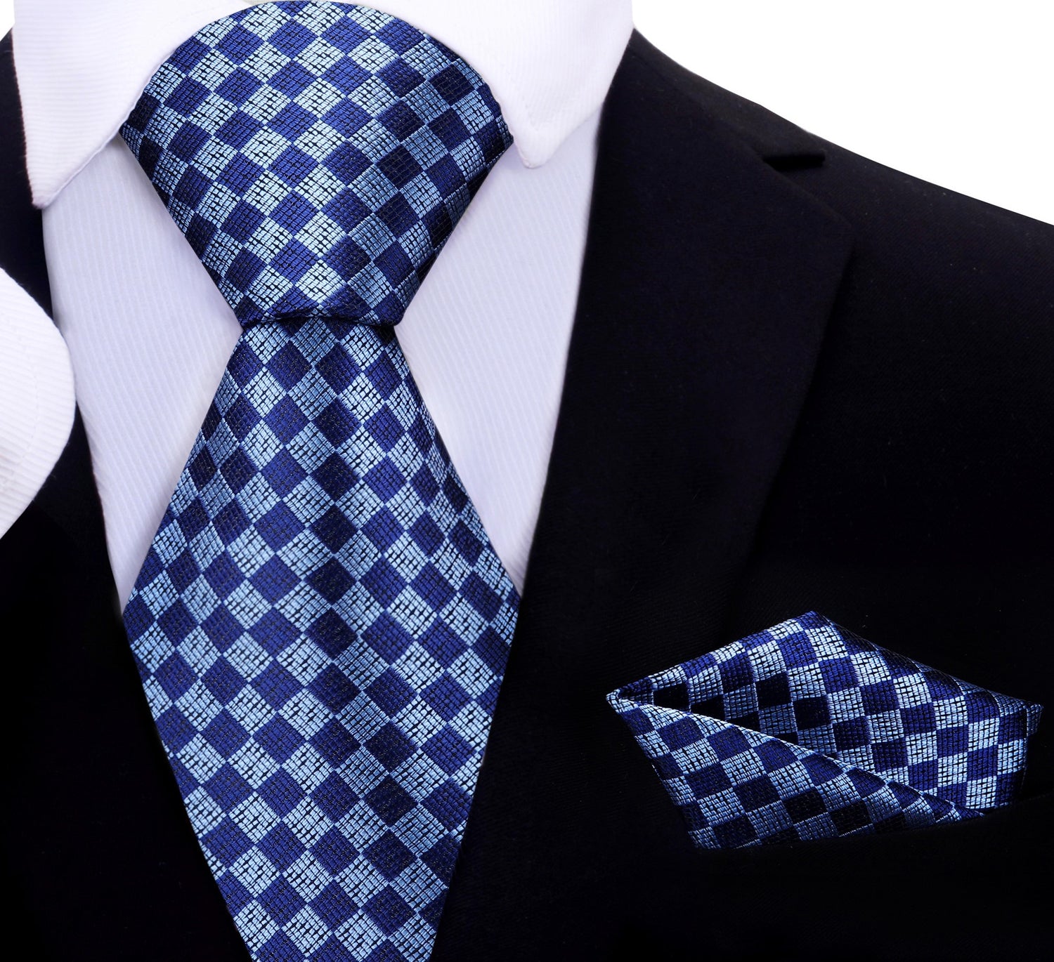 A Blue, Light Blue Geometric Diamonds Pattern Silk Necktie, Matching Pocket Square