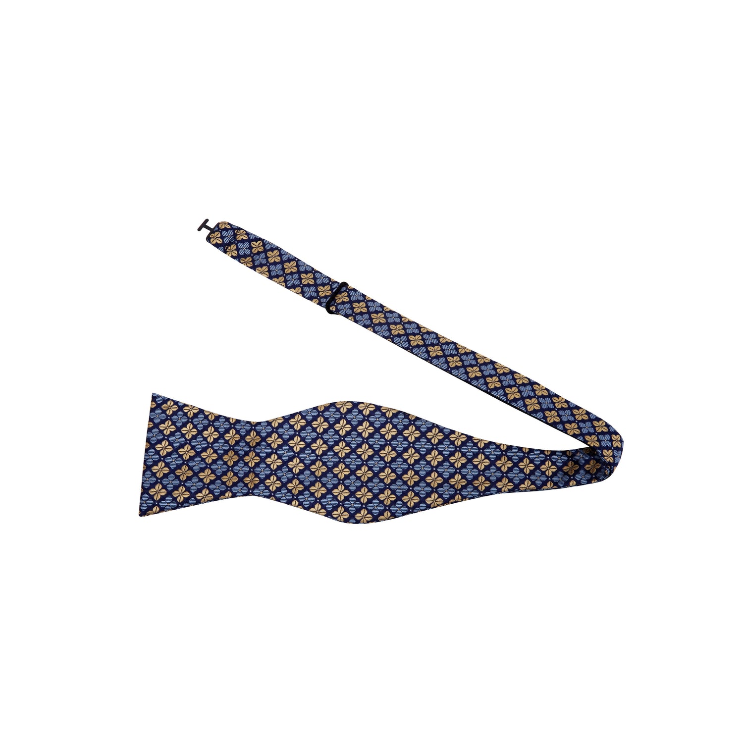 untied: A Light Blue, Gold Geometric Clover Pattern Silk Self Tie Bow Tie