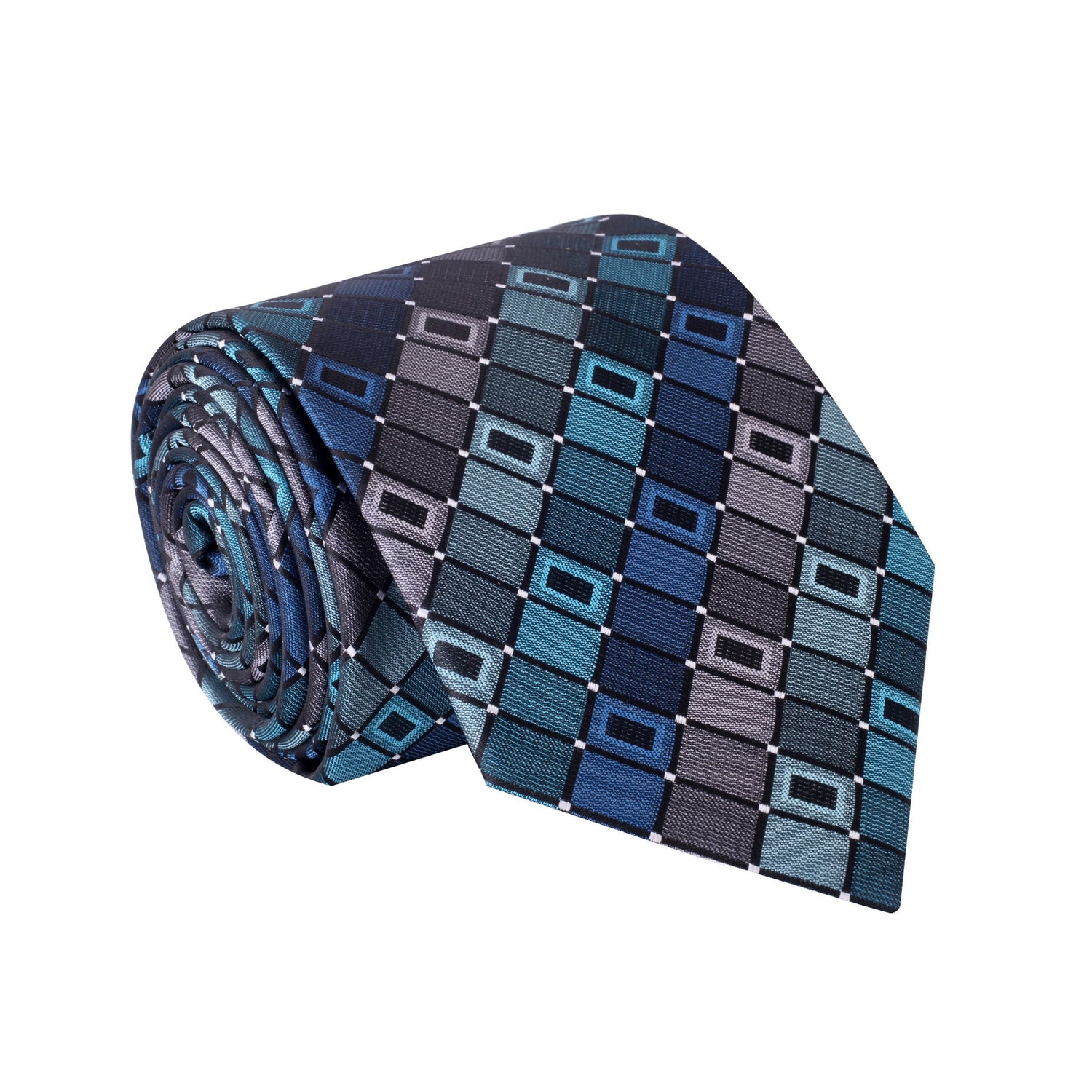 A Teal, Grey Geometric Pattern Silk Necktie 