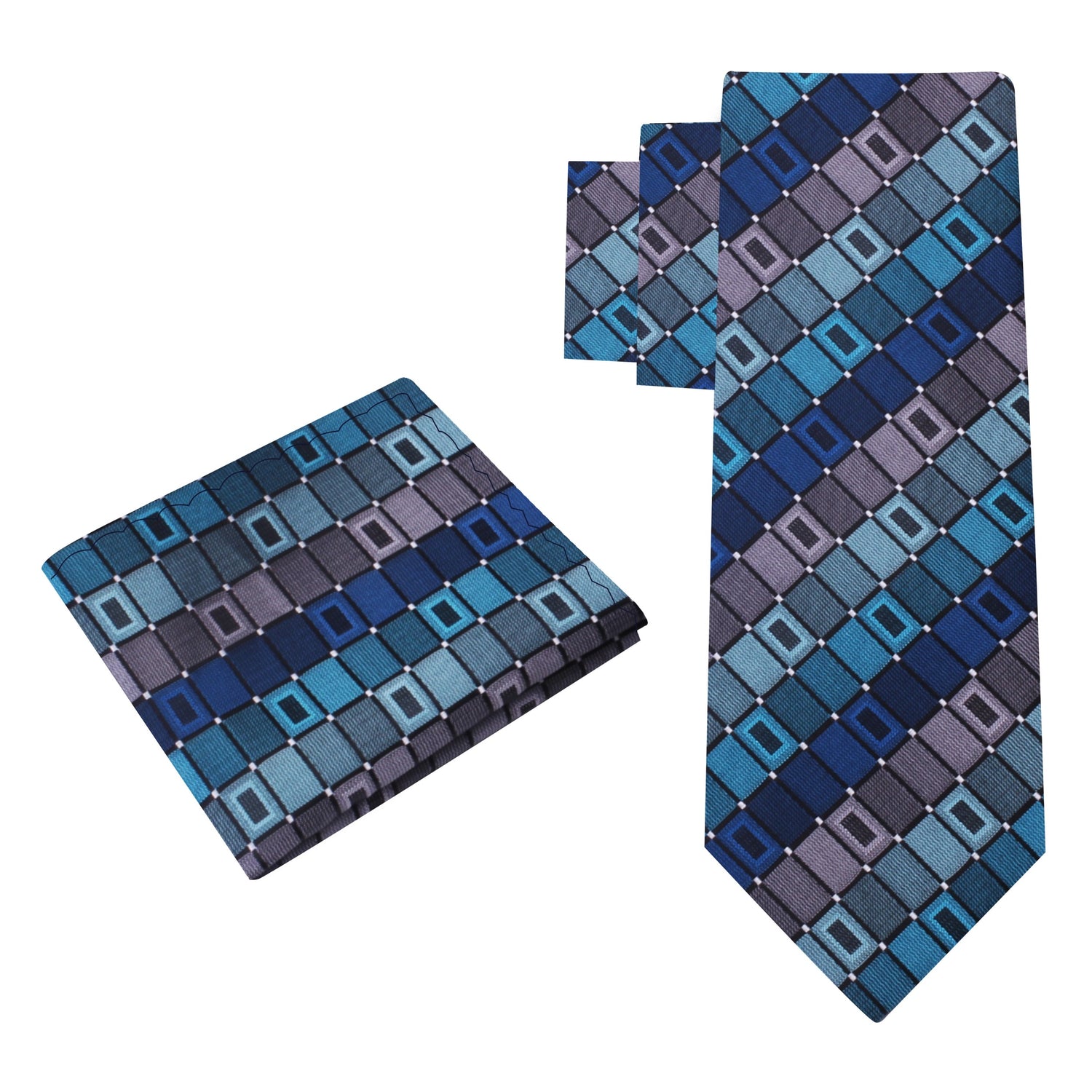 Alt View: A Teal, Grey Geometric Pattern Silk Necktie, Matching Pocket Square