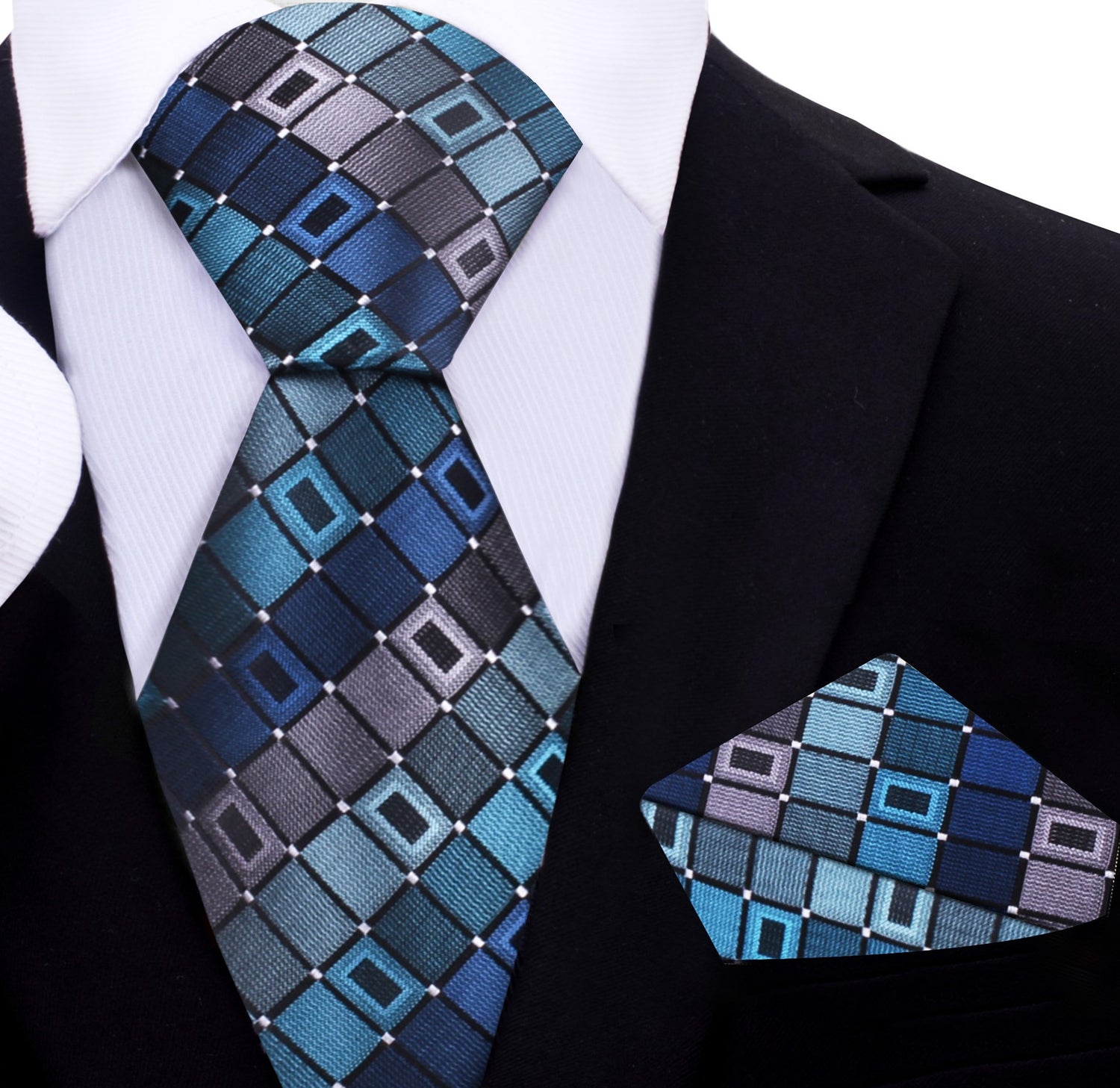 A Teal, Grey Geometric Pattern Silk Necktie, Matching Pocket Square