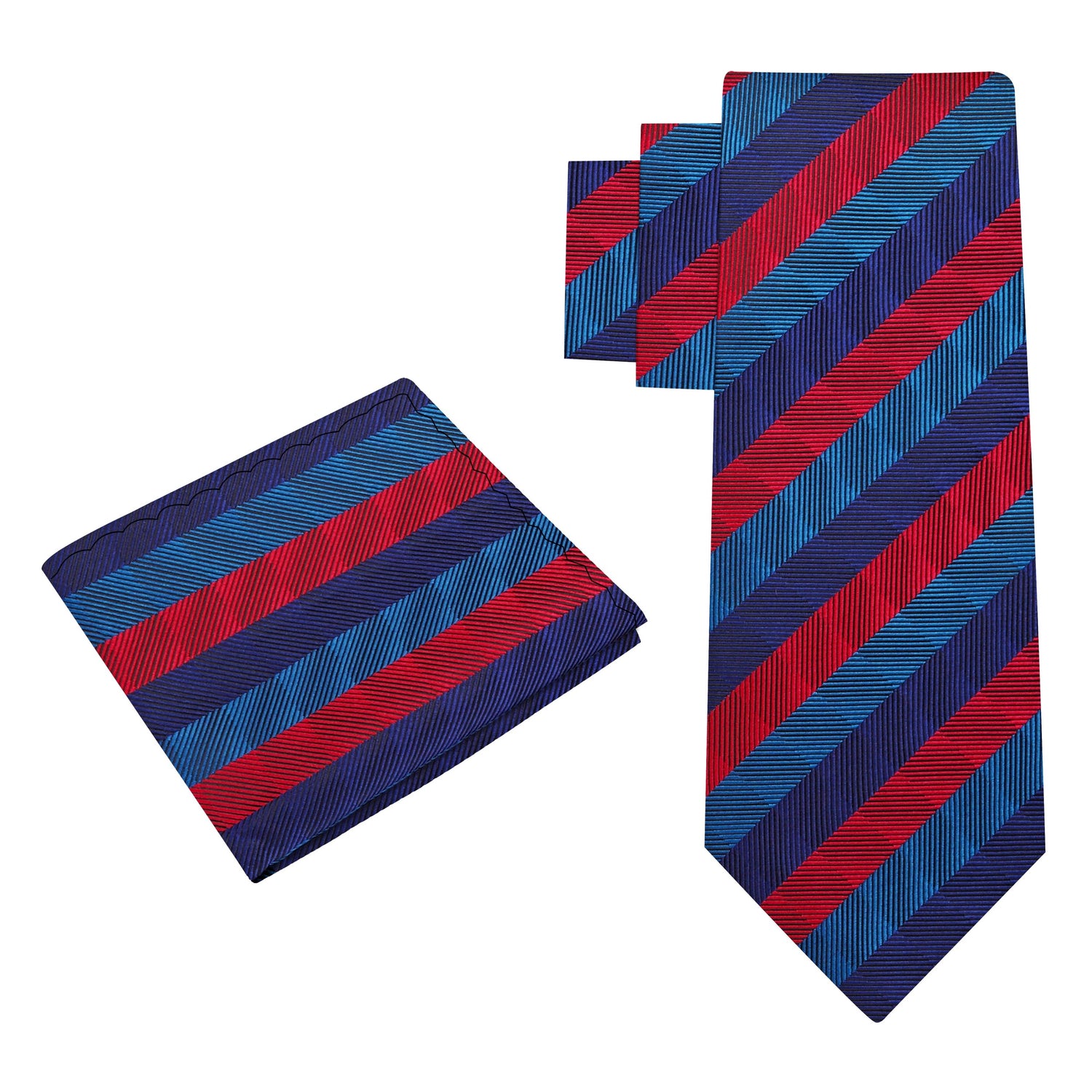 Alt View: A Blue, Green, Red Stripe Pattern Silk Necktie, Matching Pocket Square