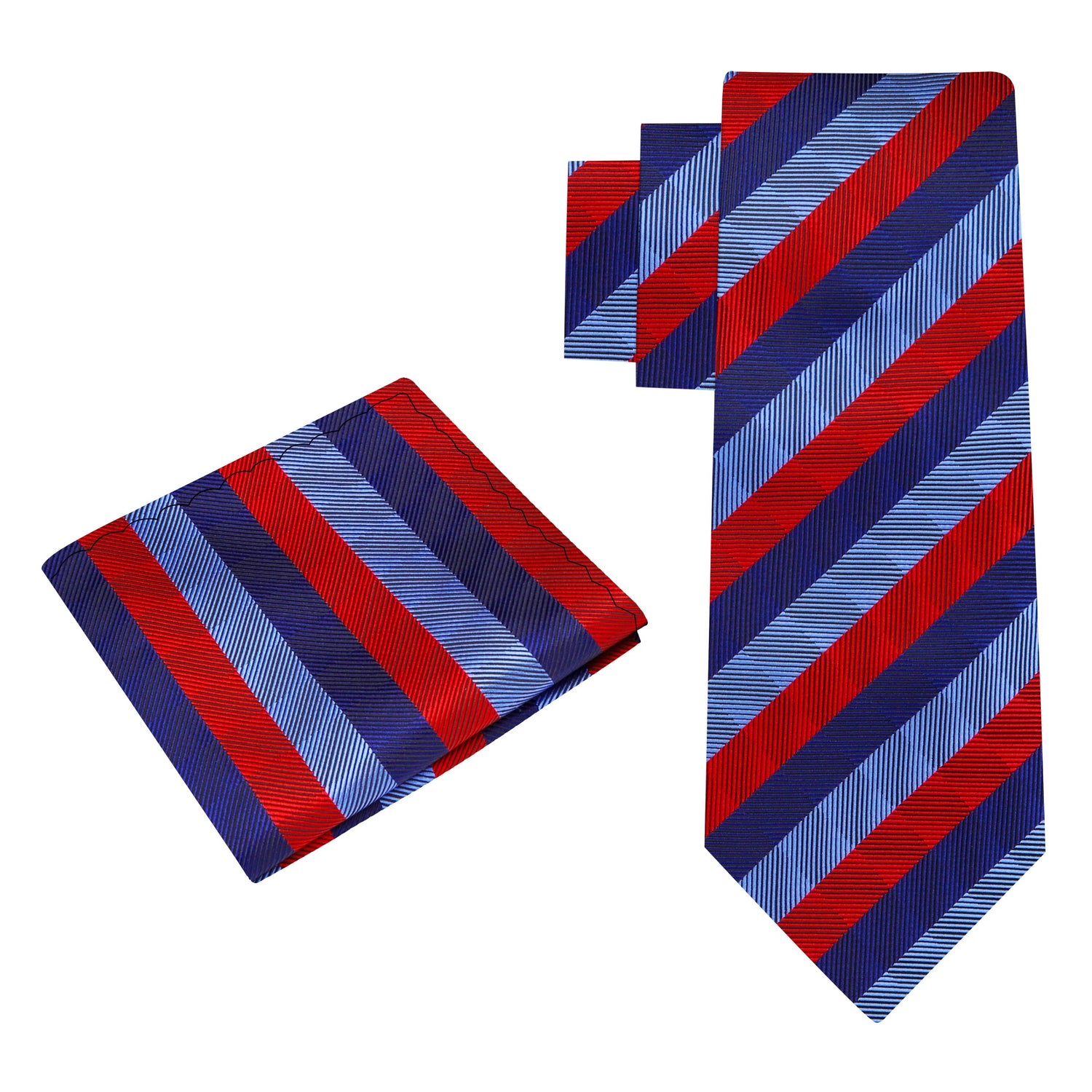 Alt View: A Blue, Light Blue, Red Stripe Pattern Silk Necktie, Matching Pocket Square