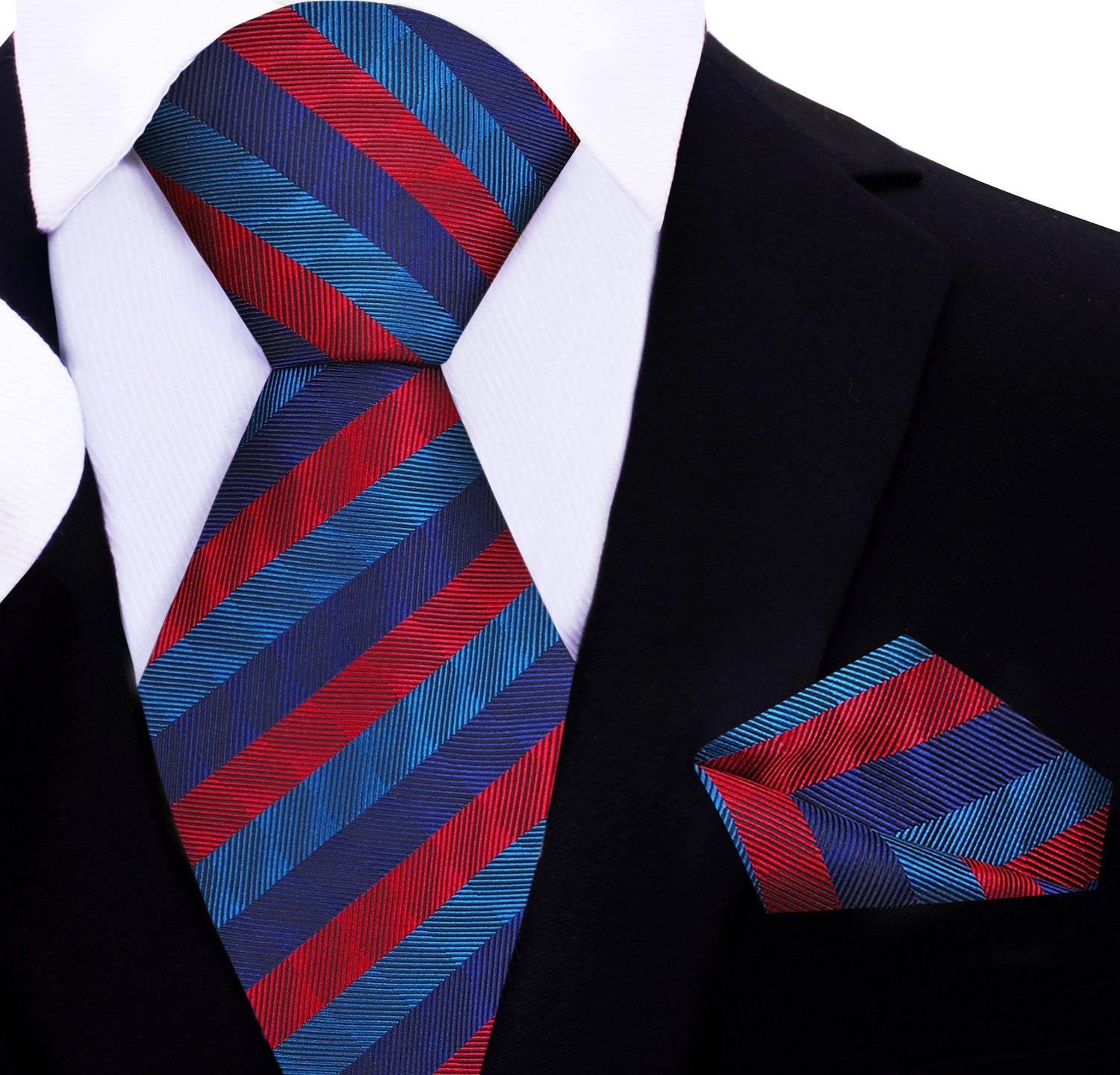 A Blue, Green, Red Stripe Pattern Silk Necktie, Matching Pocket Square