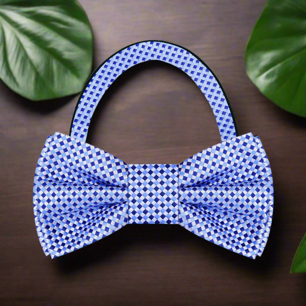 Light Blue, Blue Small Check Bow Tie Pre Tied