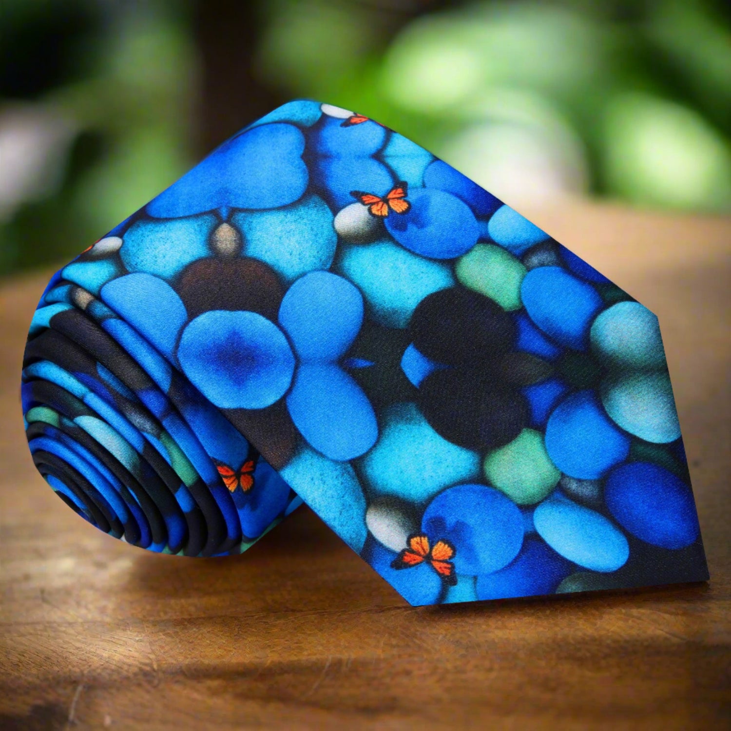 Blue Stones with Orange Butterflies Silk Tie  