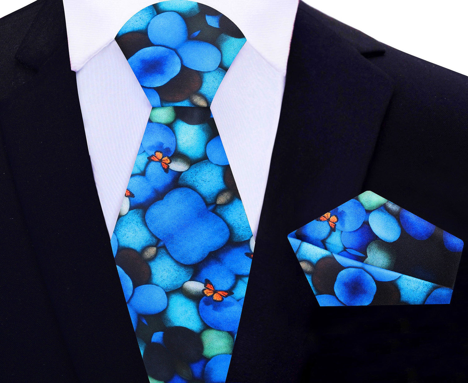 Main View; Blue Stones with Orange Butterflies Silk Tie and Pocket Square